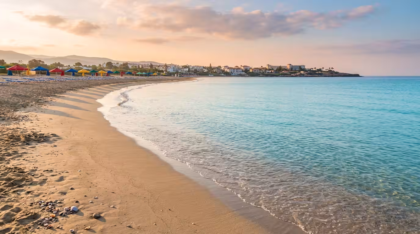 A pristine Blue Flag beach at early morning with fine golden sand, calm turquoise Mediterranean water, a few colorful beach umbrellas in the distance, soft diffused light creating long shadows, and th