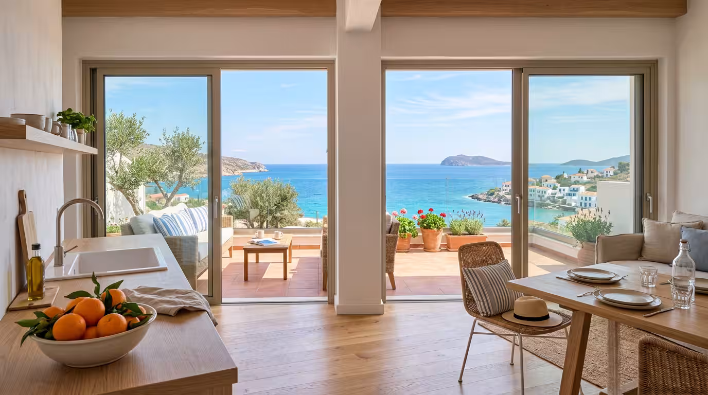 A bright, modern vacation apartment interior with large windows opening onto a private terrace with a view of the Mediterranean sea, white walls, natural wood furniture, a bowl of fresh oranges on the
