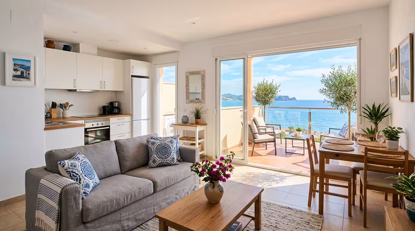 A bright, modern vacation apartment interior in Oropesa del Mar with white walls, Mediterranean-style decor, a fully equipped kitchen visible in the background, and large glass doors opening onto a su