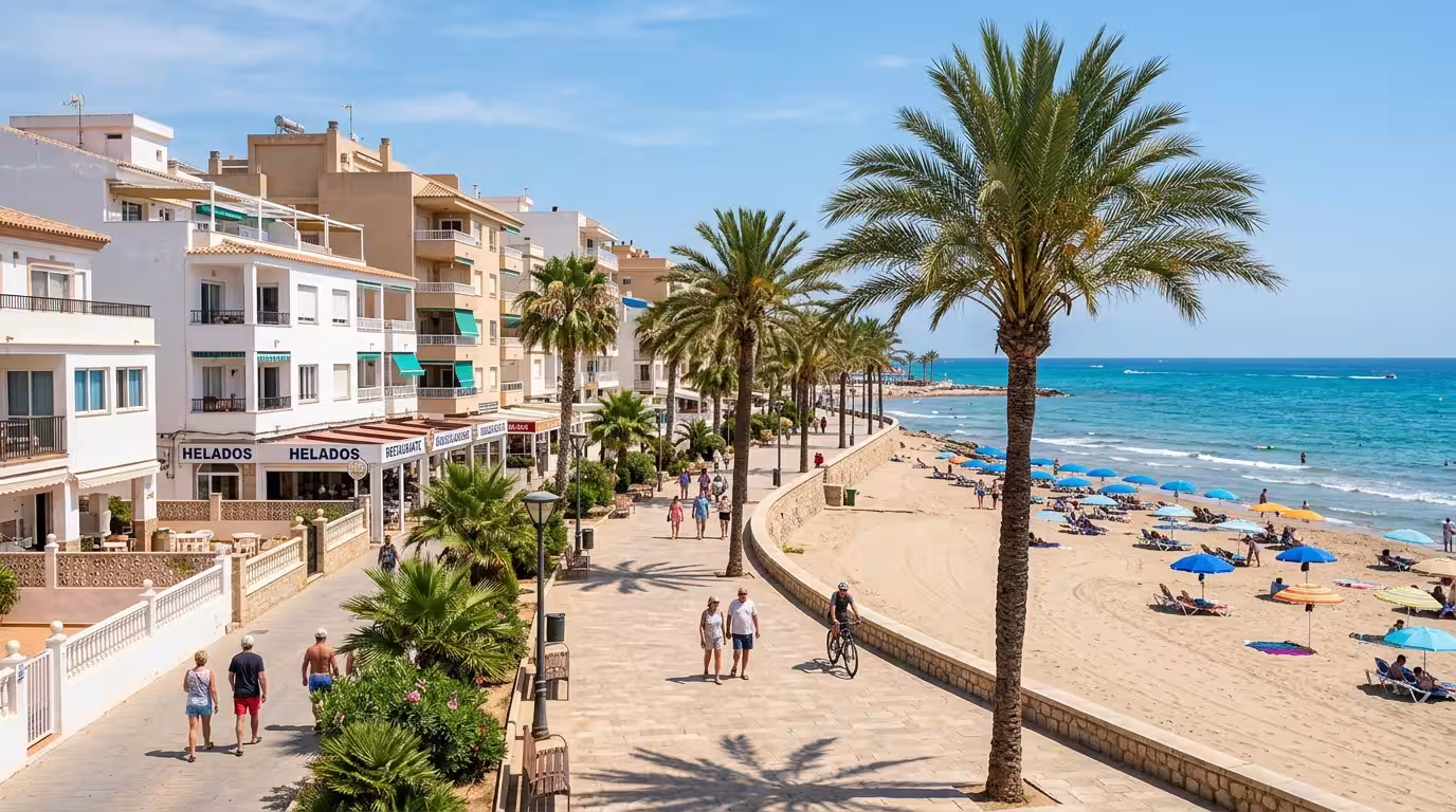 A sun-drenched beachfront promenade in Oropesa del Mar, with white and sandy-toned apartment buildings on one side, palm trees casting dappled shade on the walkway, and the turquoise Mediterranean Sea
